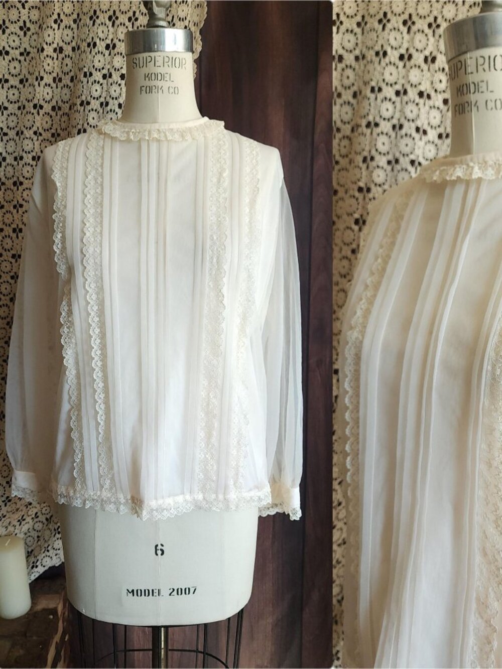 Vintage 1960s Blouse, Volup Pale Pink Nylon with Ruffle Lace Collar and Pintuck
